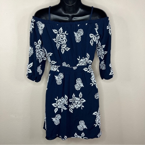 Small Dark Blue White Embroidered Floral Peasant Boho Dress Cold Shoulder - Picture 8 of 13